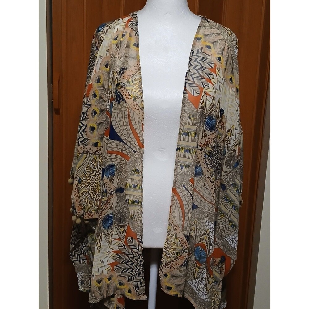 Umgee Boho Feather Print Cover up with pompom sleeves S/M NWOT - Picture 2 of 11